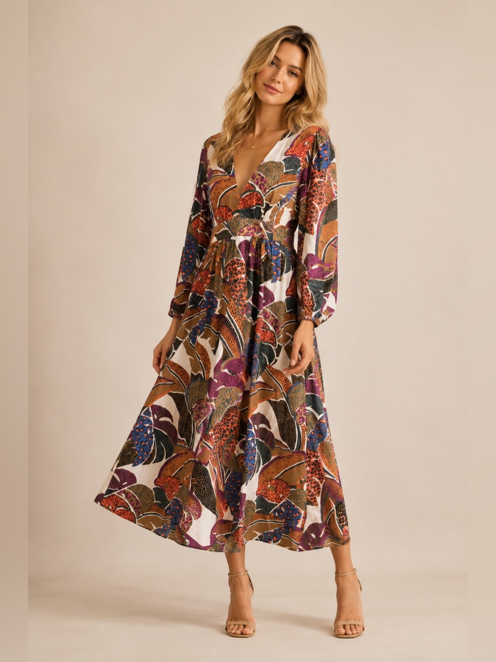Farm Rio Anthropologie Animal Print Long Sleeve Maxi Dress Size 4